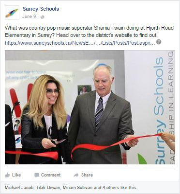 Surrey Schools Facebook sample - Shania Twain